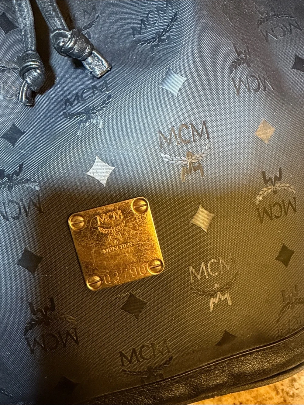 MCM Black Monogram Drawstring Bucket Hobo with Gold Plate